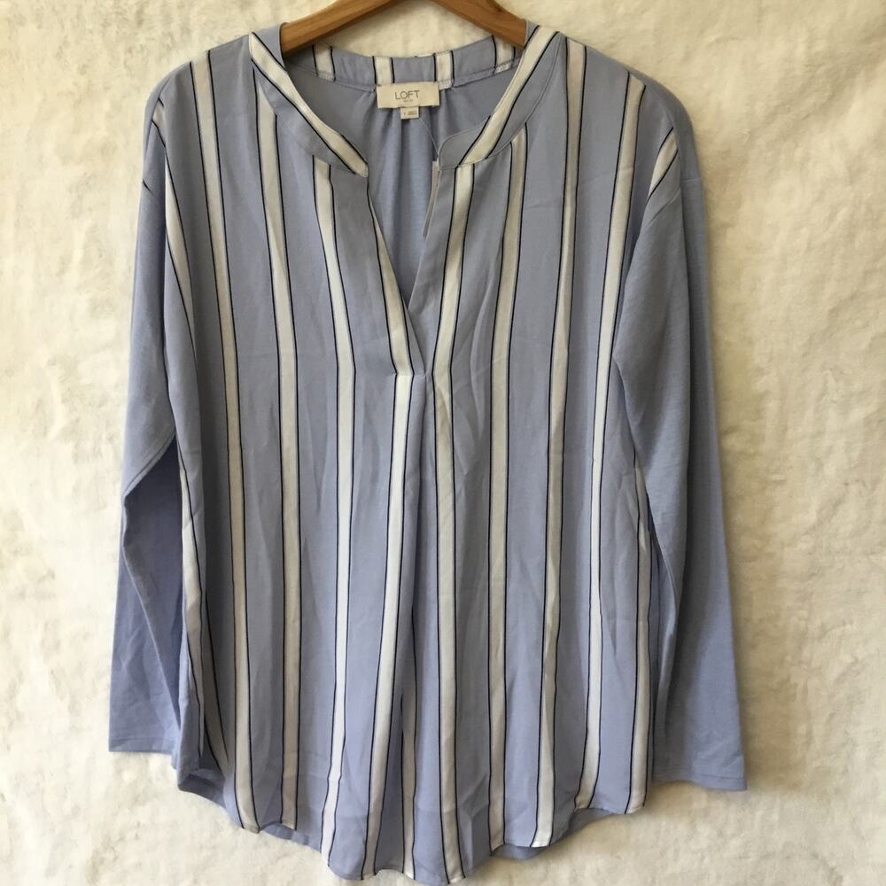Loft Blue Striped V-Neck Mixed Media Top - Picture 4 of 16
